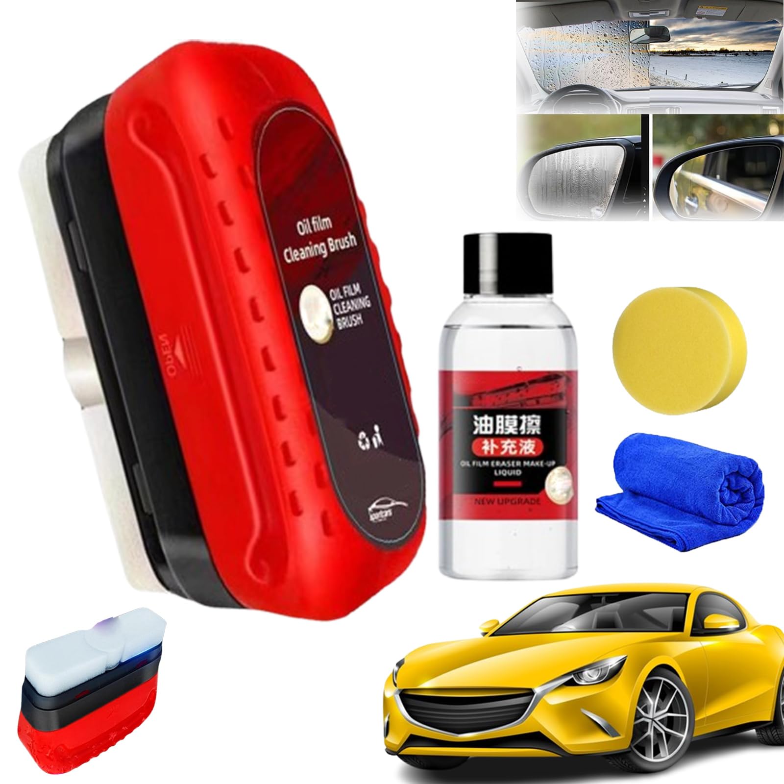 Oil Repellent Film for Car Windows, Oil Film Cleaning Brush for Car Windows, Glass Cleaning Board for Car Windshield, Powerful Car Glass Oil Film Remover \u0026 Windshield Cleaner (2pcs)